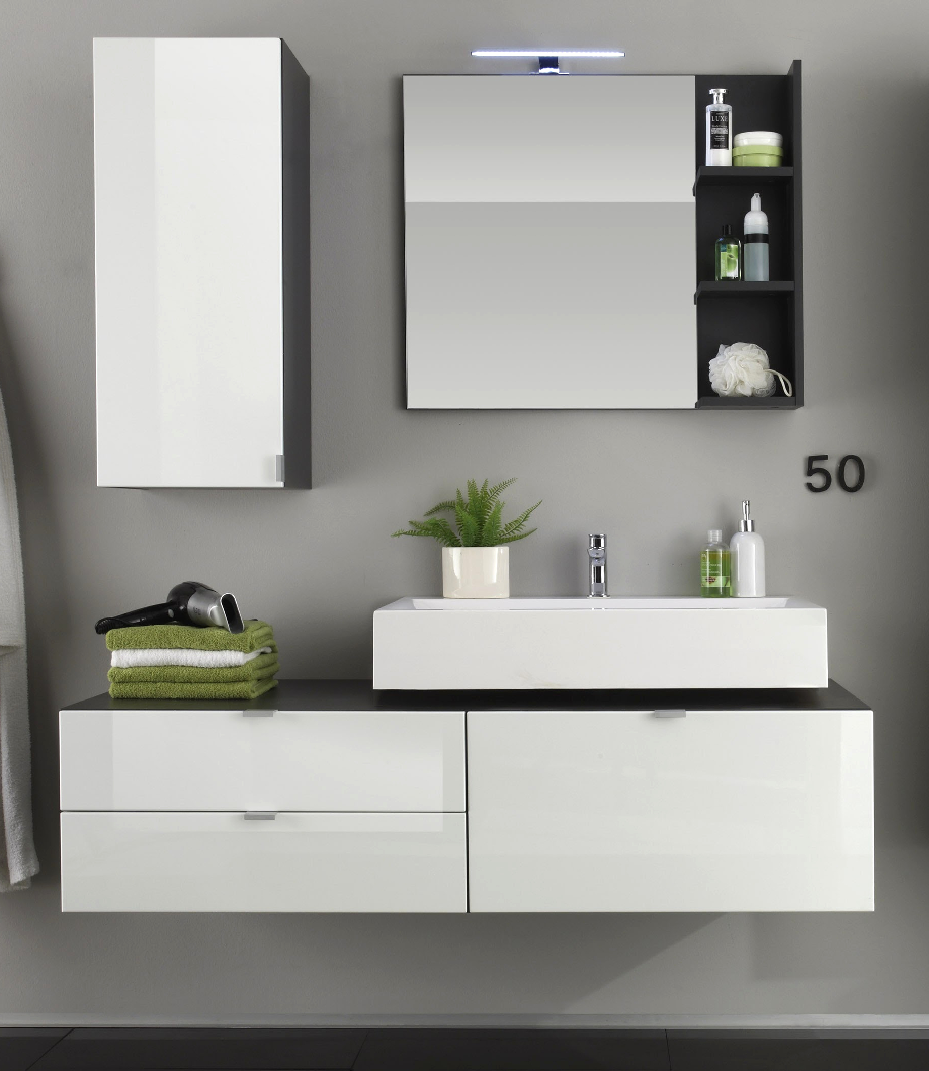 Badezimmer Badmöbel Set Beach 3-teilig weiß Hochglanz