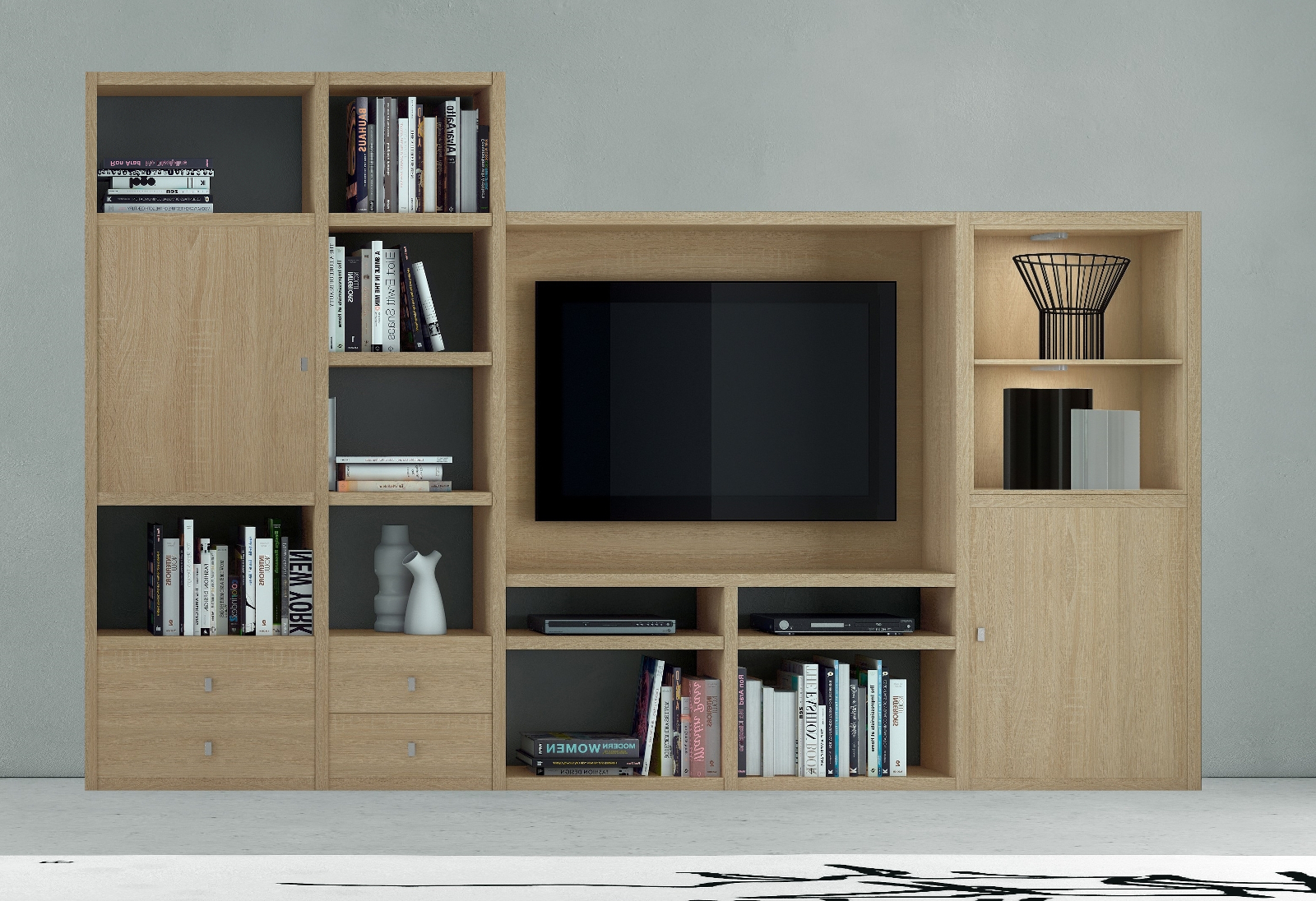 Wohnwand Bücherwand Mediawand Eiche Natur EEK A+, Regal Emporior II RGB LED Beleuchtung Hochglanz
