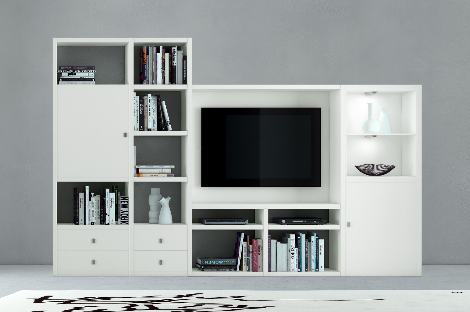 Wohnwand Bücherwand Mediawand Lack weiß EEK A+, Regal Emporior II RGB LED Beleuchtung Hochglanz