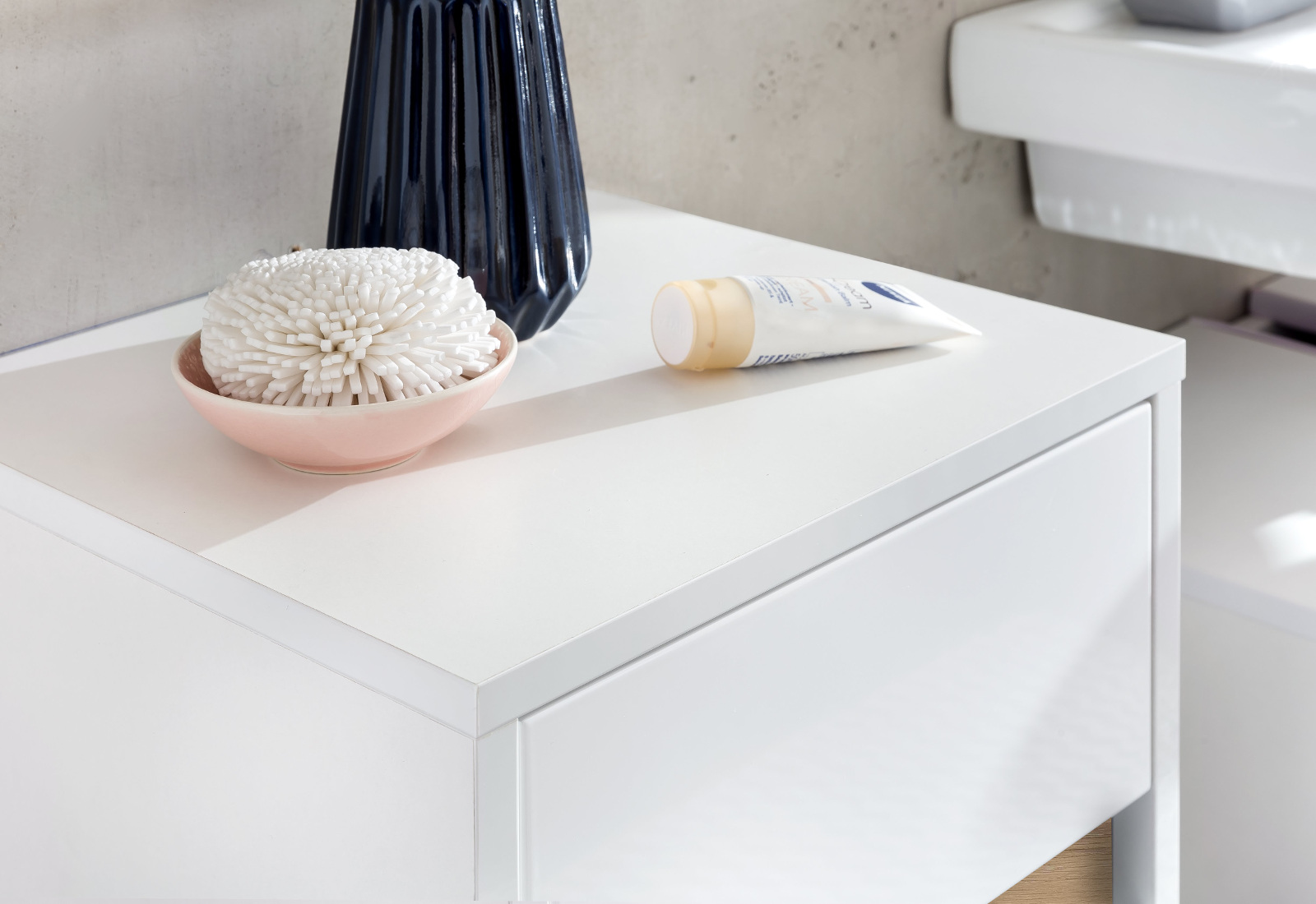 Badmöbelset Sol Hochglanz weiß und Alteiche Dekor