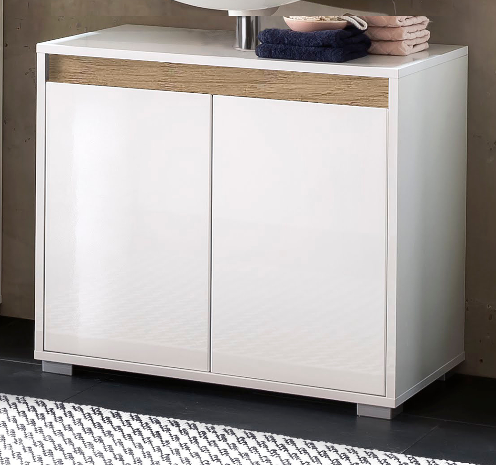 Badezimmer Waschbeckenunterschrank Waschbeckenunterschrank Sol Hochglanz weiß und Alteiche