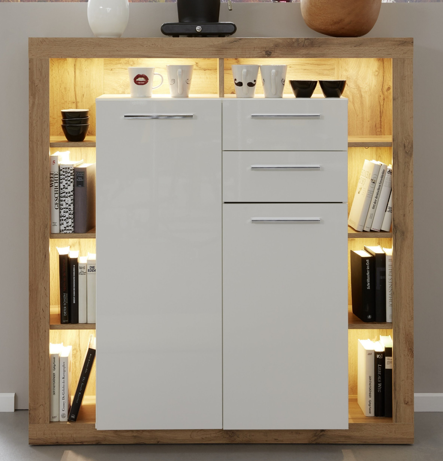 Highboard Rock weiß Hochglanz und Eiche 121 x 128 cm