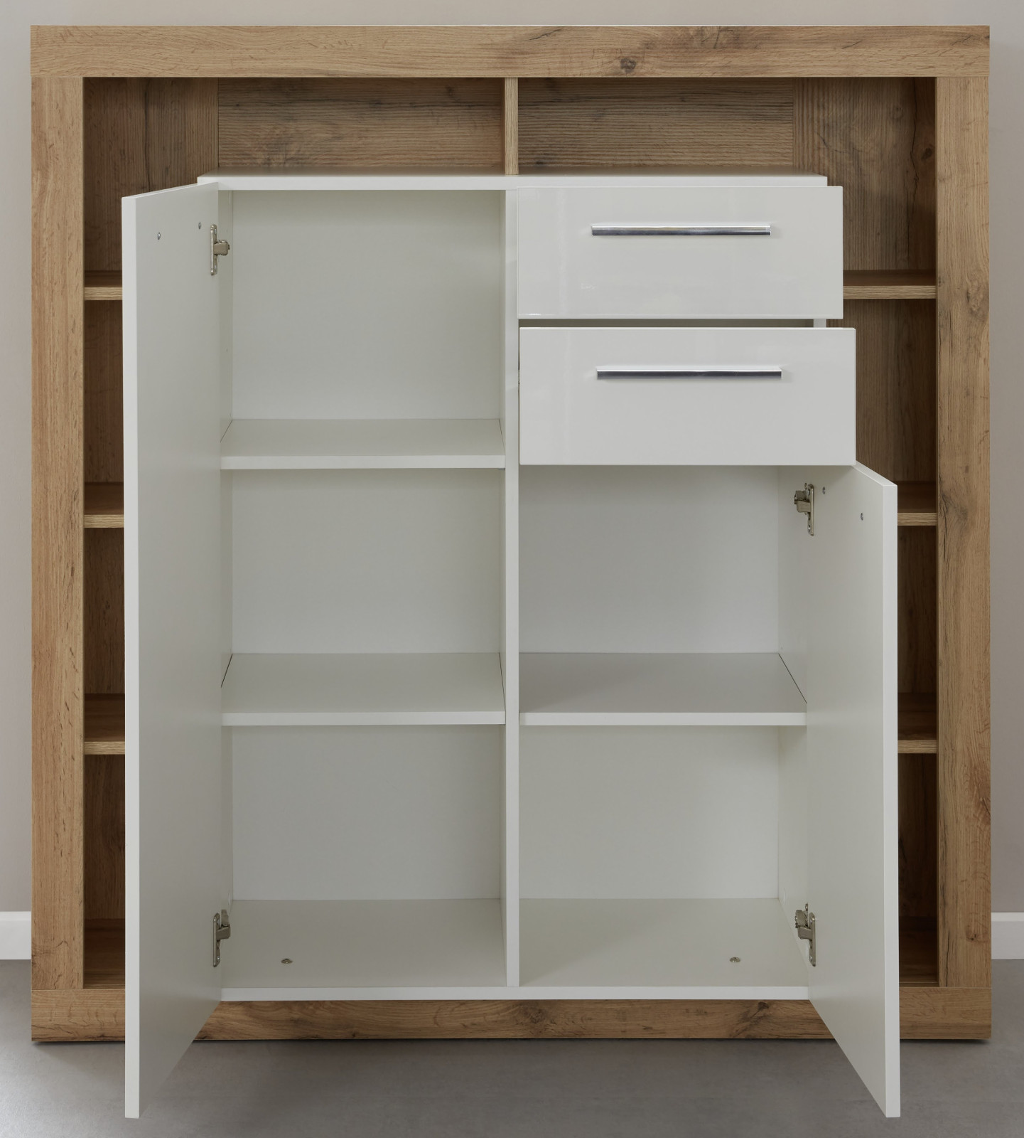 Highboard Rock weiß Hochglanz und Eiche 121 x 128 cm