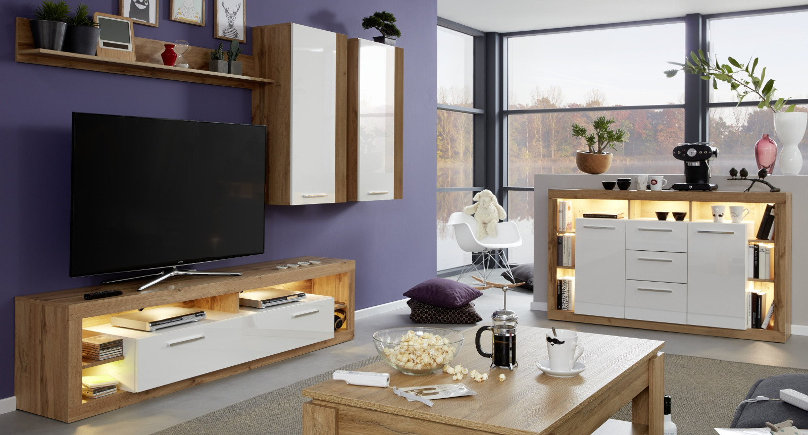 Sideboard Rock weiß Hochglanz und Wotan Eiche 150x90 cm