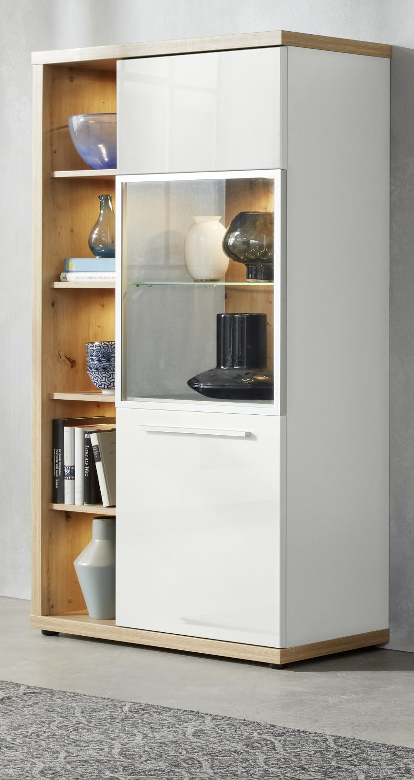 Vitrine Odino Hochglanz weiß und Eiche 84 cm Vitrine Odino Hochglanz weiß und Eiche 84 cm