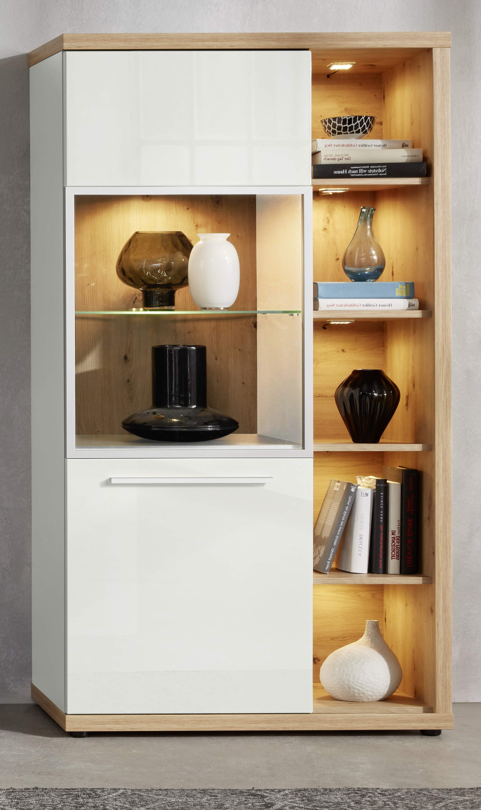Vitrine Odino Hochglanz weiß und Eiche 84 cm Vitrine Odino Hochglanz weiß und Eiche 84 cm