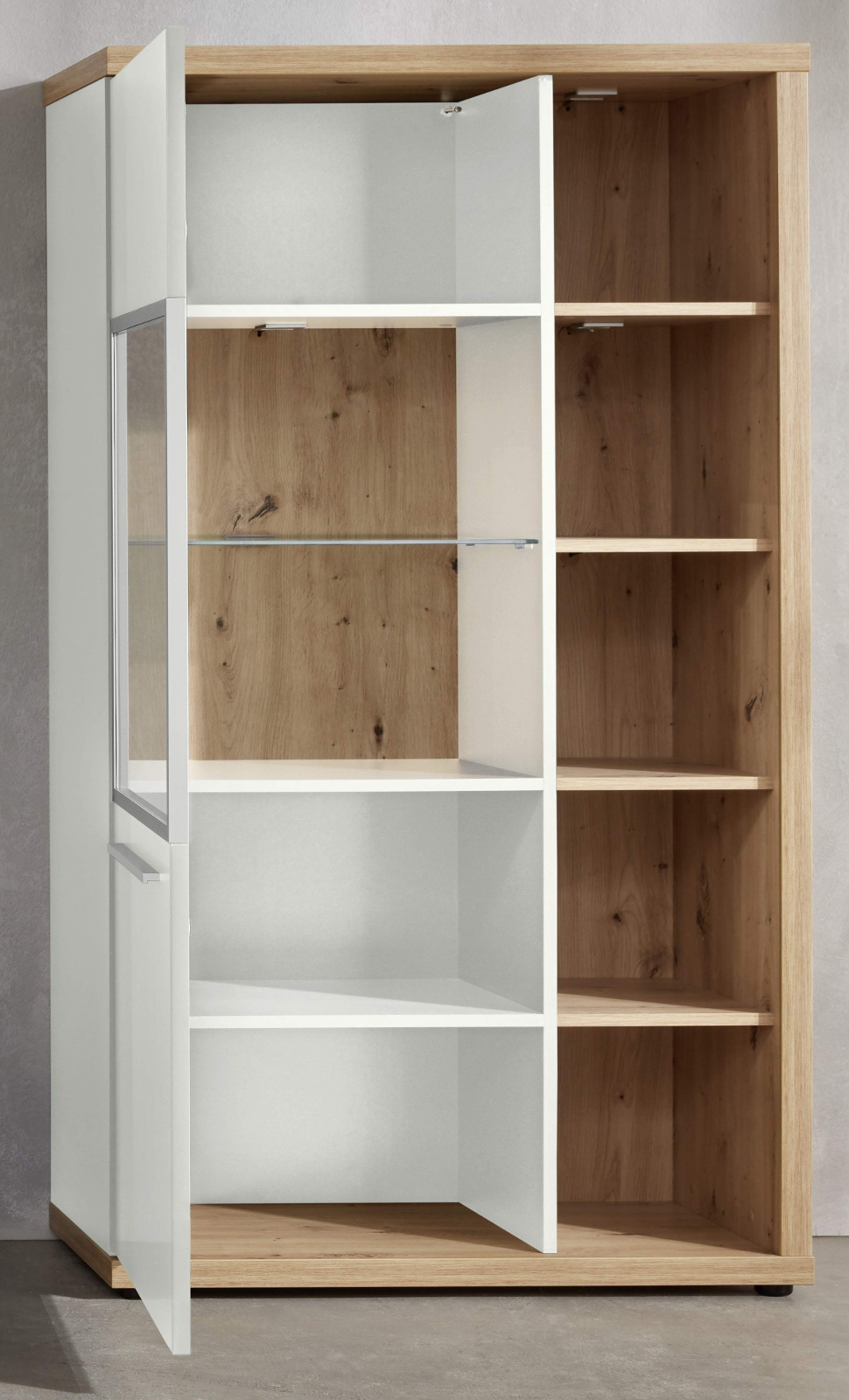 Vitrine Odino Hochglanz weiß und Eiche 84 cm Vitrine Odino Hochglanz weiß und Eiche 84 cm