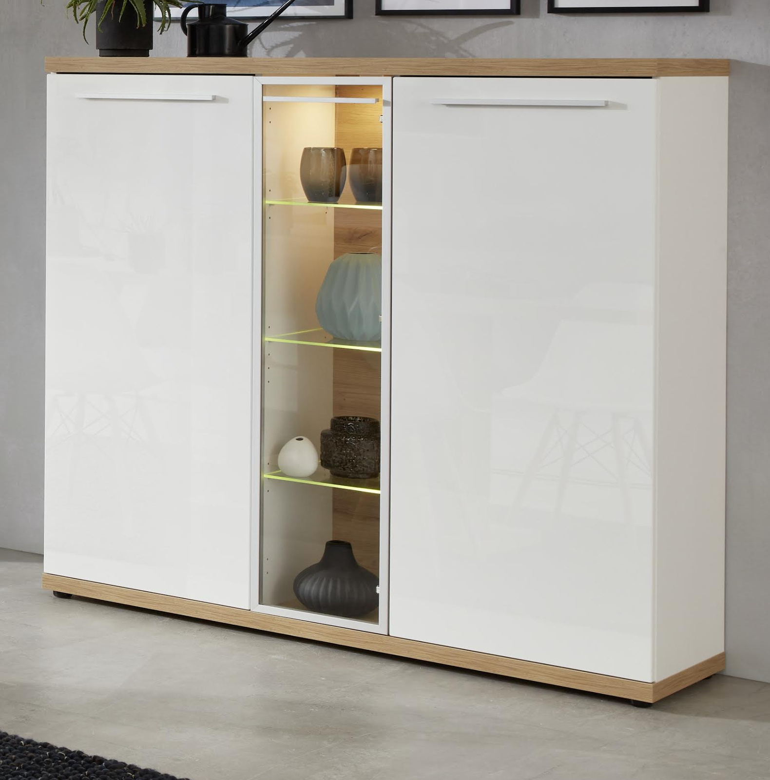 Highboard Odino Hochglanz weiß und Eiche 140 cm Vitrine Odino Hochglanz weiß und Eiche 84 cm
