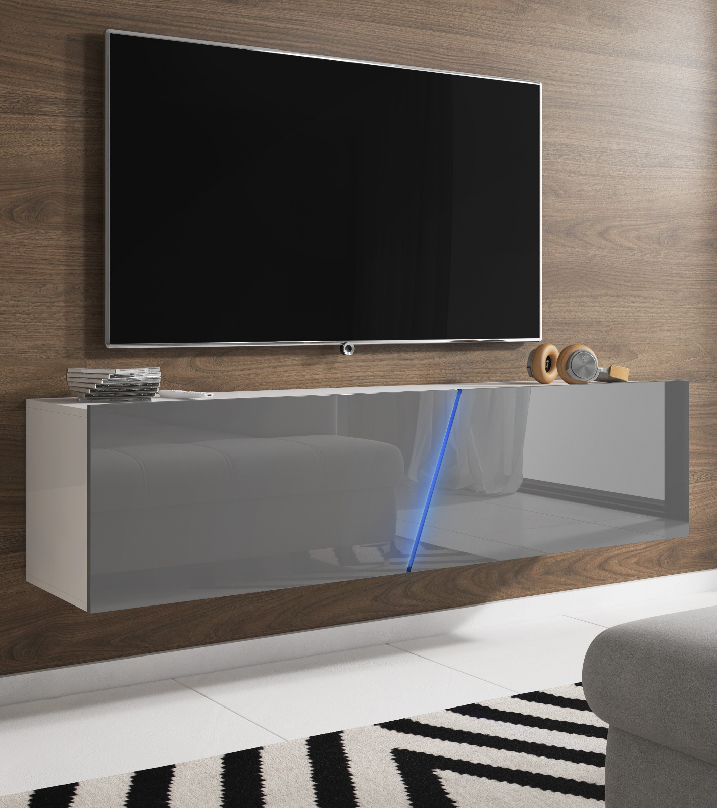 TV Lowboard Space grau Hochglanz Lack mit LED 160 cm