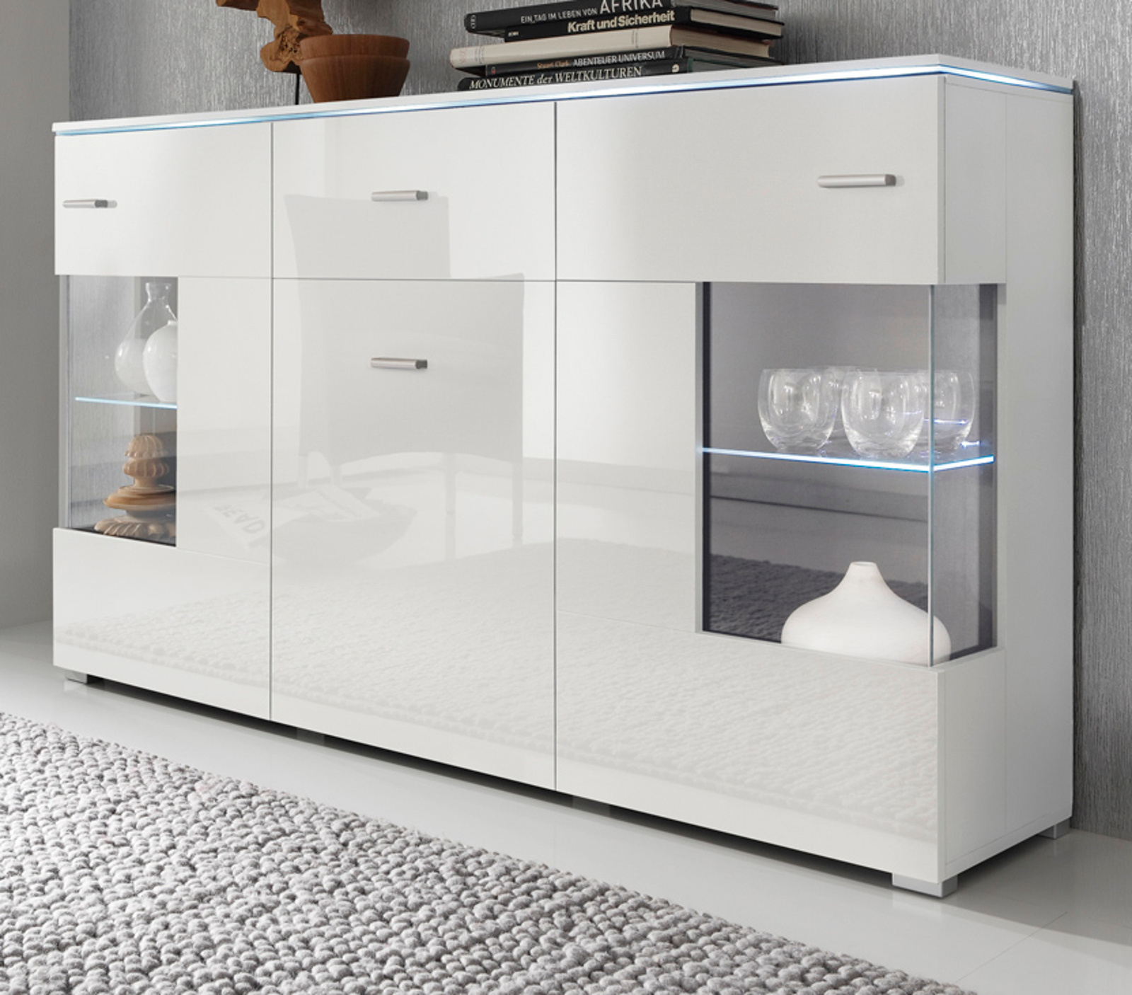 Sideboard Charme Hochglanz weiß inkl. Beleuchtung