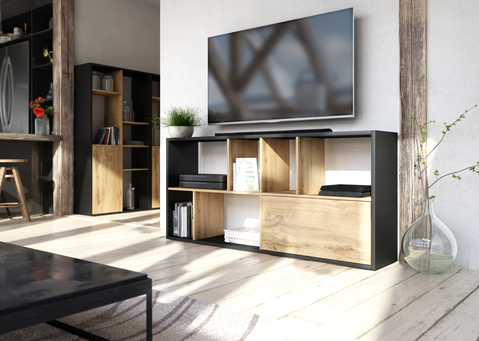 TV Lowboard Regal Shuttle schwarz Eiche 160 cm harres metall-design regal