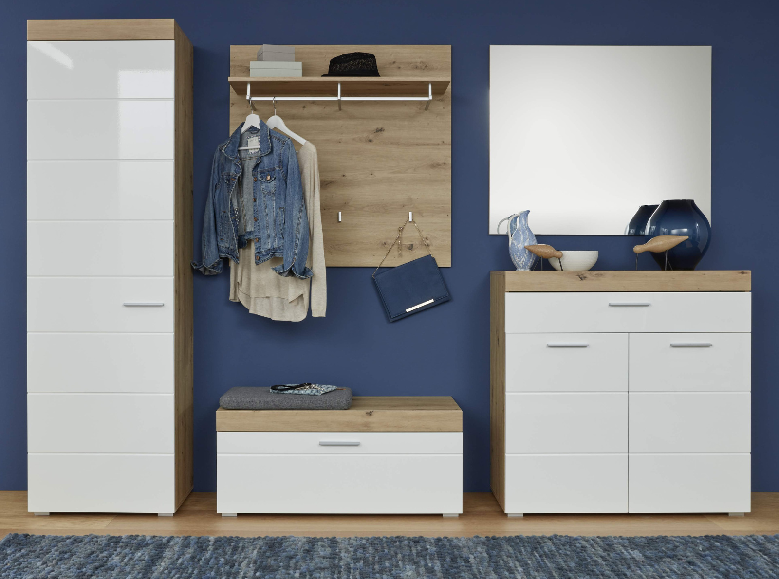 Garderobe Sitzbank Amanda Hochglanz weiß und Eiche