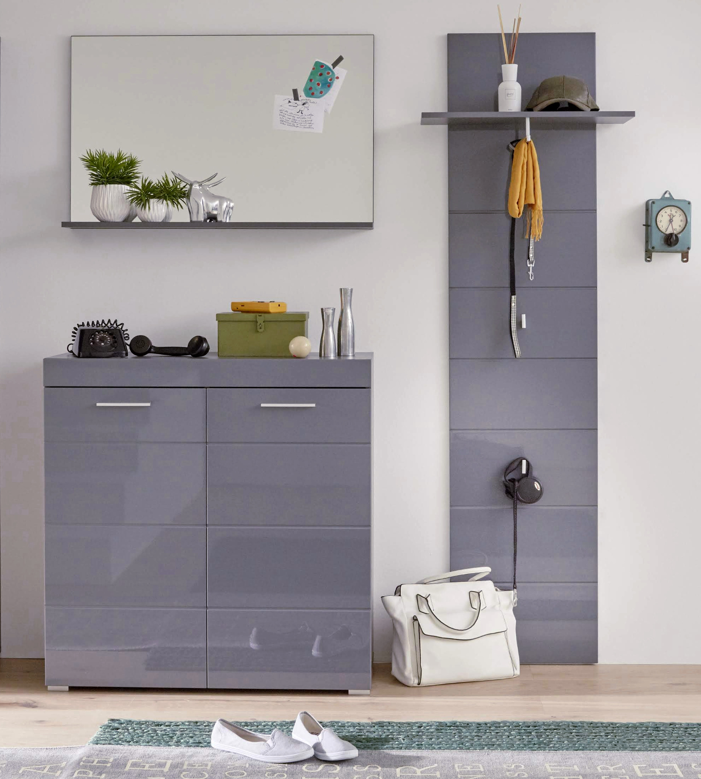 Garderobe Amanda Hochglanz grau Set 3-teilig 161 cm