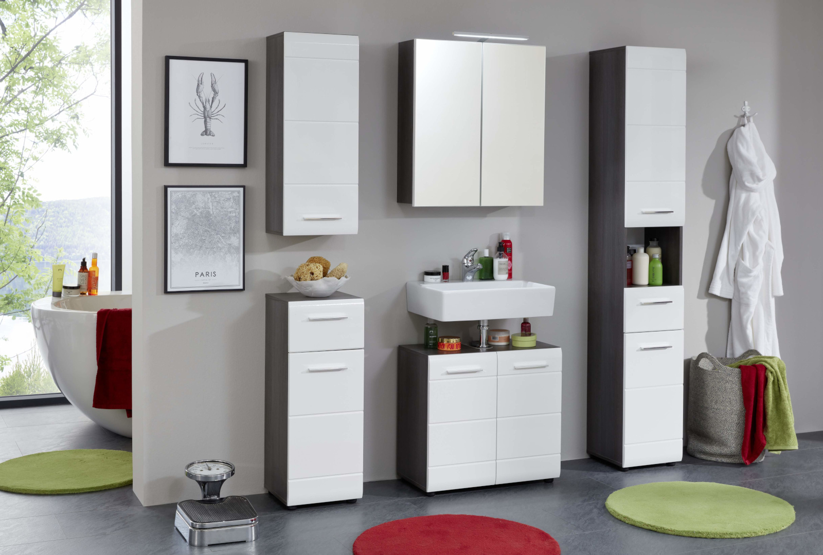 Bad Hochschrank Line Hochglanz weiß Sardegna grau 60 cm