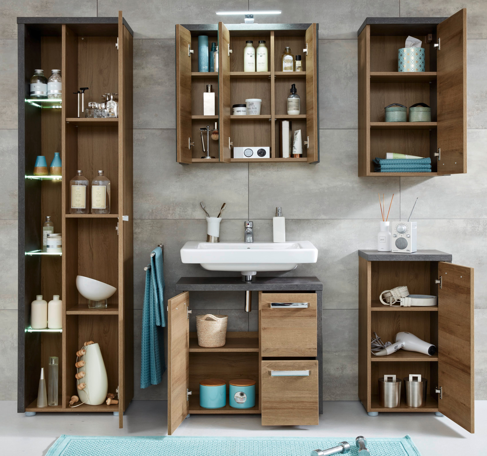Badmöbel Set "Bay" Eiche Riviera, Beton grau 5-teilig