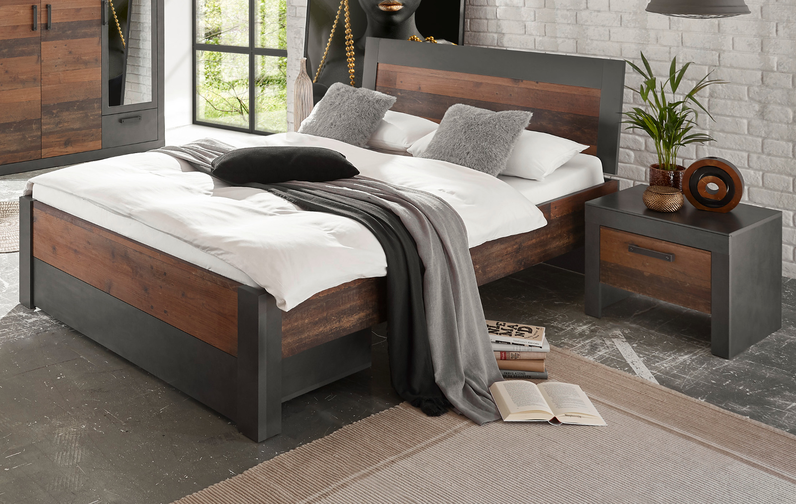 Bett "Ward" Old Used Wood und Matera grau 140 x 200 cm