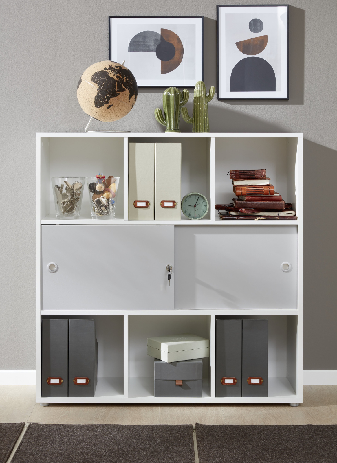 Regal mit Schiebetüren "Basix" weiß und grau 106x109 cm