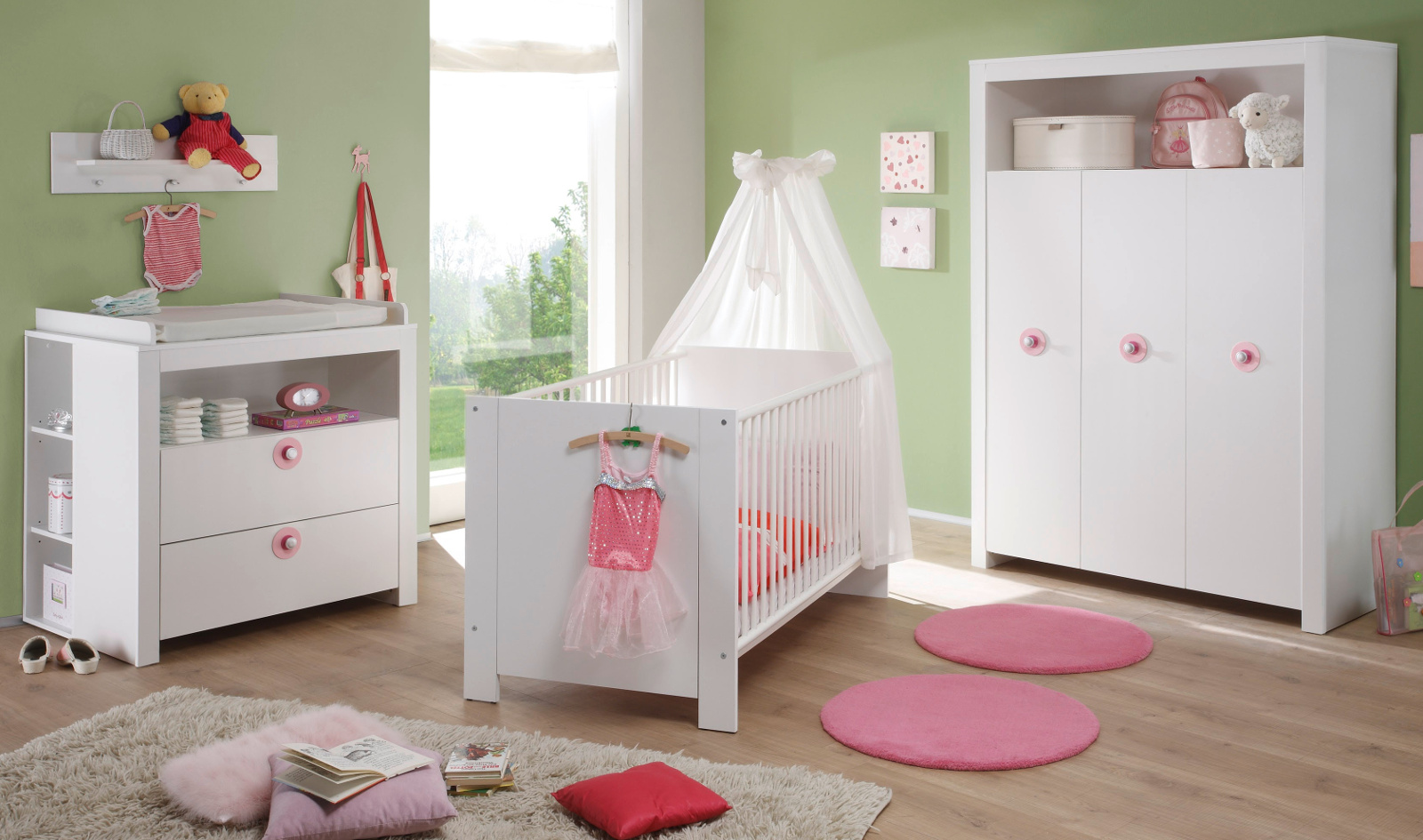 Babyzimmer Komplett Set 5 Farben Babybett 70 x 140  Umbaubar Matratze weiß rosa 