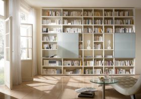 Wohnwand Bücherwand Bibliothek Lack weiß matt mit Schiebetüren Höhe variabel