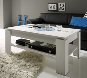 Couchtisch in Anderson Pinie weiß Struktur 110 x 65 cm Holztisch mit Ablage Couchtisch in Anderson Pinie weiß Struktur 110 x 65 cm Holztisch mit Ablage