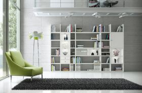 Wohnwand Bücherwand MDor Dekor Lack weiß matt LED-Beleuchtung Breite 343 cm