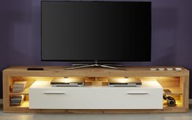 TV-Lowboard Rock in weiß Hochglanz und Wotan Eiche Fernsehtisch Breite 200 cm