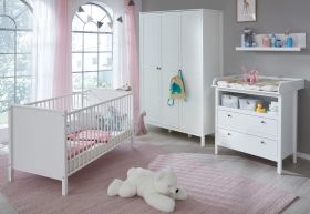 Babyzimmer Ole komplett Set 4-teilig weiß mit Wickelkommode Babybett Kleiderschrank und Wandregal