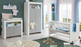 Babyzimmer Wilson in weiß und grau 5-teilig mit Wickelkommode Babybett Kleiderschrank und 2 Regale