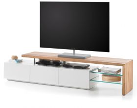 TV-Lowboard Alimos in Asteiche massiv geölt und matt weiß Fernsehtisch 204 x 44 cm
