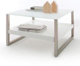 Couchtisch Baveno in matt weiß lackiert und Edelstahl Kufentisch mit Glastischplatte Wohnzimmertisch 65 x 65 cm