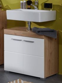 Badezimmer Waschbeckenunterschrank Amanda in weiß Hochglanz und Eiche Badschrank 60 x 56 cm Badezimmer Waschbeckenunterschrank Amanda in weiß Hochglanz und Eiche Badschrank 60 x 56 cm