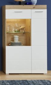 Highboard Amanda in Hochglanz weiß und Eiche Asteiche Vitrine 80 x 134 cm Kommode Highboard Amanda in Hochglanz weiß und Eiche Asteiche Vitrine 80 x 134 cm Kommode