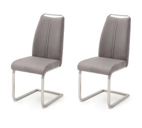 2 x Stuhl Giulia in Eisgrau Nubuklederoptik und Edelstahl Freischwinger mit Griffleiste Flachrohr Esszimmerstuhl 2er Set