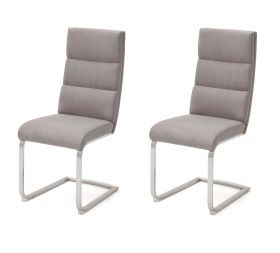 2 x Stuhl Giulia in Eisgrau Leder und Edelstahl Freischwinger mit Griff hinten Flachrohr Esszimmerstuhl 2er Set