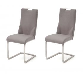 2 x Stuhl Giulia in Eisgrau Leder und Edelstahl Freischwinger mit Griffloch Flachrohr Esszimmerstuhl 2er Set