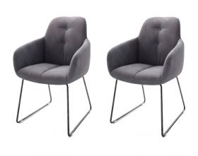 2 x Stuhl mit Armlehne Tessera in Grau Kunstleder und Kufengestell Anthrazit lackiert Esszimmerstuhl 2er Set Clubsessel