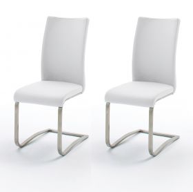 2 x Stuhl Arco in Weiß Leder und Edelstahl Freischwinger Flachrohr Esszimmerstuhl 2er Set
