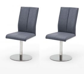 2 x Stuhl Flores in Graublau Kunstleder und Edelstahl Tellerfuß 360° drehbar Esszimmerstuhl 2er Set Drehstuhl