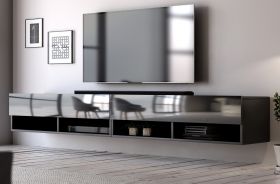 TV-Lowboard Epsom in Hochglanz schwarz TV-Unterteil hängend 280 x 30 cm Fernsehschrank XXL