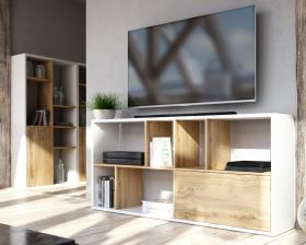 TV-Lowboard oder Regal Shuttle weiß und Artisan Eiche stehend oder liegend TV-Board mit Komforthöhe / Bücherregal