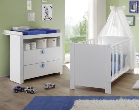 Babyzimmer Olivia in weiß und blau komplett Set 2-teilig mit Wickelkommode und Babybett