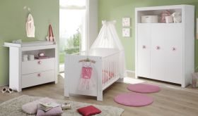 Babyzimmer Olivia in weiß und rosa komplett Set 3-teilig mit Wickelkommode Kleiderschrank und Babybett