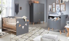 Babyzimmer Mats in grau matt mit Buche massiv komplett Set 3-teilig mit Wickelkommode Kleiderschrank und Babybett