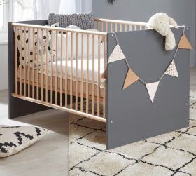Babyzimmer Babybett Mats in grau matt und Eiche Sonoma Gitterbett mit Schlupfsprossen und Lattenrost Liegefläche 70 x 140 cm Babyzimmer Babybett Mats in grau matt und Eiche Sonoma Gitterbett mit Schlupfsprossen und Lattenrost Liegefläche 70 x 140 cm