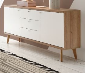 Sideboard Helge in weiß und Eiche Riviera Kommode skandinavisch 160 x 83 cm Sideboard Helge in weiß und Eiche Riviera Kommode skandinavisch 160 x 83 cm