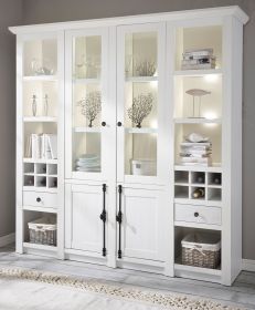 Buffetschrank Hooge in Pinie weiß Landhaus Vitrinenschrank mit Weinregal 194 x 207 cm Buffetschrank Hooge in Pinie weiß Landhaus Vitrinenschrank mit Weinregal 194 x 207 cm