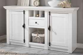 Sideboard Hooge in Pinie weiß Landhaus Kommode mit Weinregal 152 x 83 cm Sideboard Hooge in Pinie weiß Landhaus Kommode mit Weinregal 152 x 83 cm