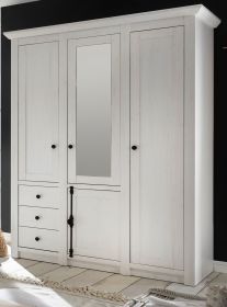 Kleiderschrank Hooge in Pinie weiß Landhaus Drehtürenschrank 4-türig mit Spiegel 147 x 206 cm