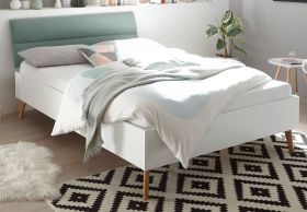 Bett Helge in weiß und Eiche Riviera Einzelbett skandinavisch mit Polsterkopfteil in mint Liegefläche 140 x 200 cm