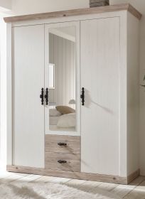 Kleiderschrank Rovola in Pinie weiß / Oslo Pinie Landhaus Drehtürenschrank 3-türig mit Spiegel 169 x 201 cm Kleiderschrank Rovola in Pinie weiß / Oslo Pinie Landhaus Drehtürenschrank 3-türig mit Spiegel 169 x 201 cm